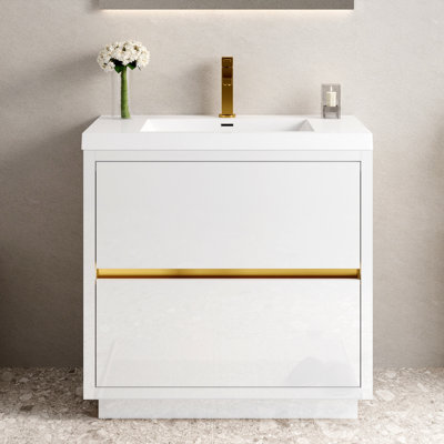 Meuble-lavabo sur pied 36 po avec lavabo, meuble-lavabo avec comptoir en résine de pierre et tiroirs à fermeture en douceur 36 po