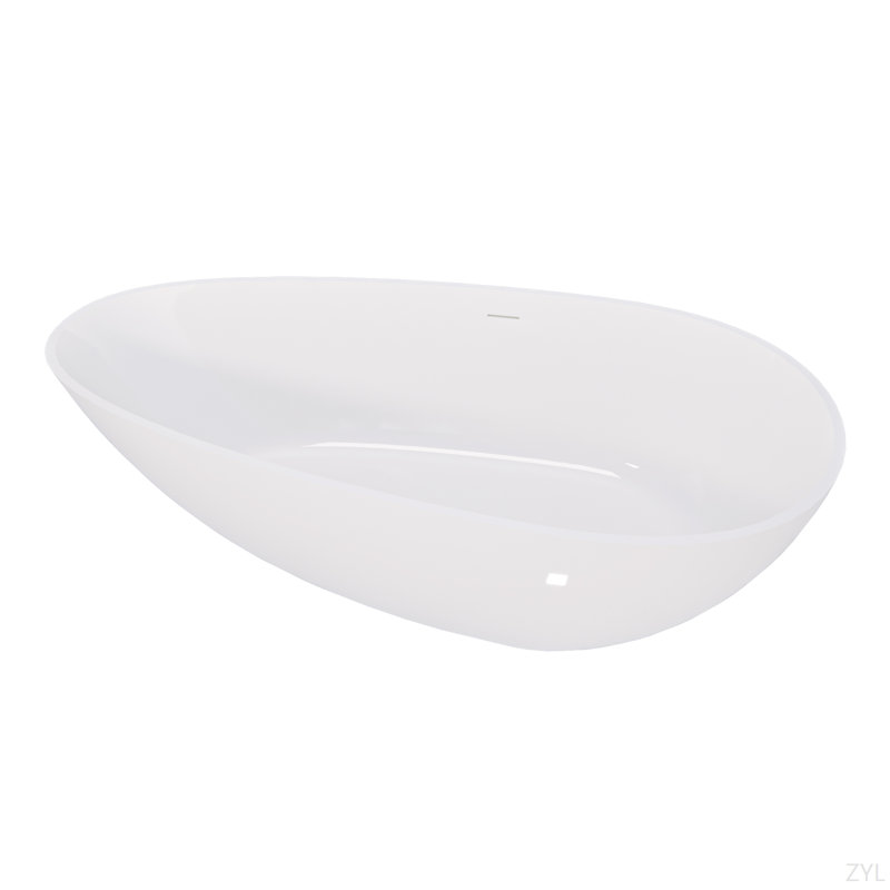 Baignoire autoportante de 59 po à surface solide, baignoire autoportante en résine de pierre de luxe fabriquée à la main avec trop-plein et bonde escamotable, blanc brillant GF-24S02-59GW