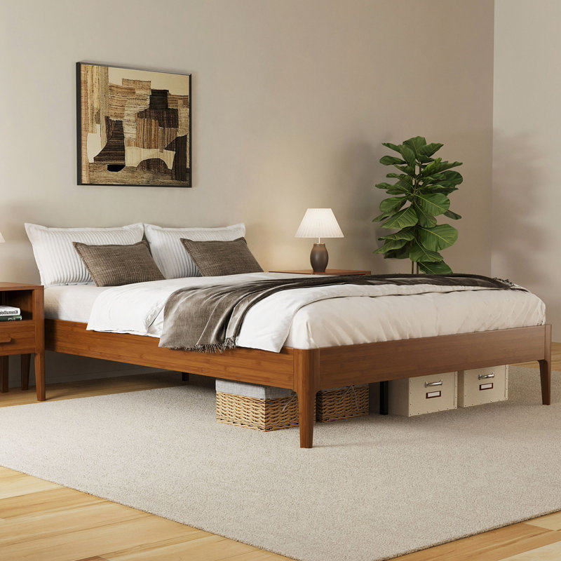Base de lit plateforme en bois de bambou sec de 15 po de hauteur, avec support en métal à lattes de bois, aucun sommier requis, assemblage facile