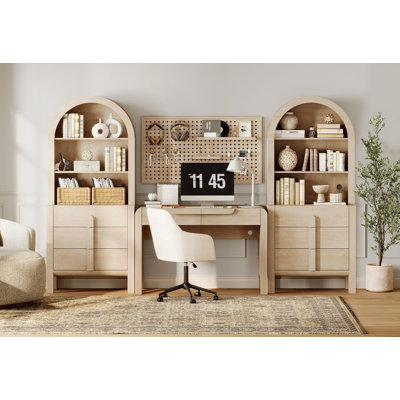 Ensemble de bureau à domicile, bureau de direction moderne de 47 po avec station de charge et tiroirs et bibliothèques arquées de 3 pièces de 71 po de haut avec rangement ouvert pour le salon, la chambre à coucher et le bureau à domicile