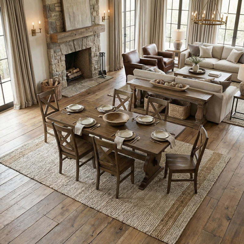 Almeda Traditional 70.8" Rectangular Dining Table Set, 7 Pieces: Table, 6 Chairs, Brown