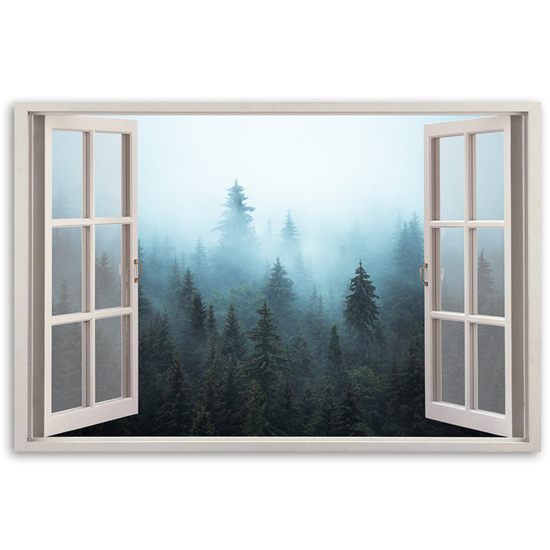Picture, Window Display Forest In Foggy Nature - Wrapped Canvas Print