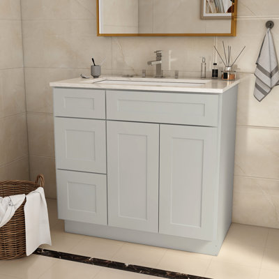 36 po L x P 21,5 po. H 34,5 po. Base de meuble-lavabo en contreplaqué avec porte gauche en gris