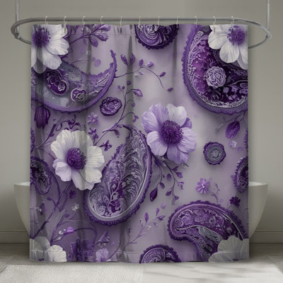 Rideaux de douche mauve à motif floral et motif cachemire très long