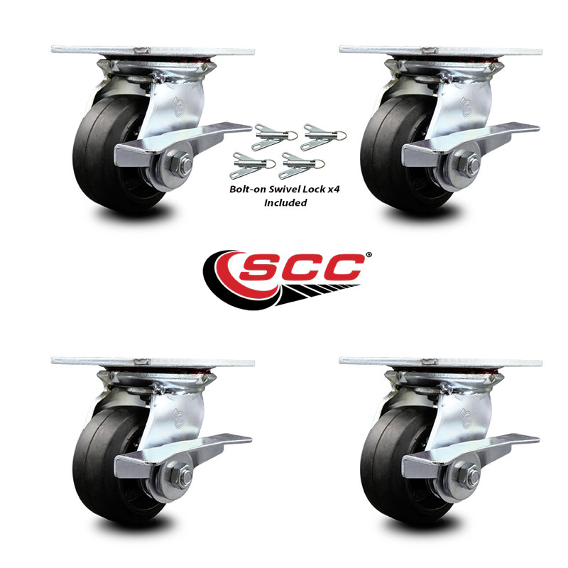 4 Inch Rubber on Steel Caster Set with Roller Bearings and Brakes/Swivel Locks