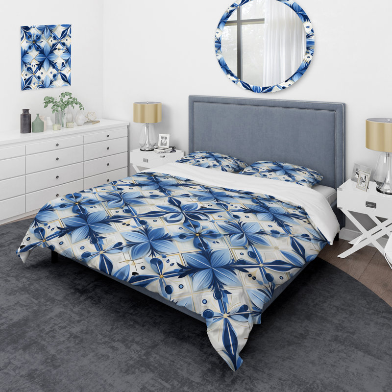 Ensemble de housse de couette géométrique à motif de treillis bleu et blanc I