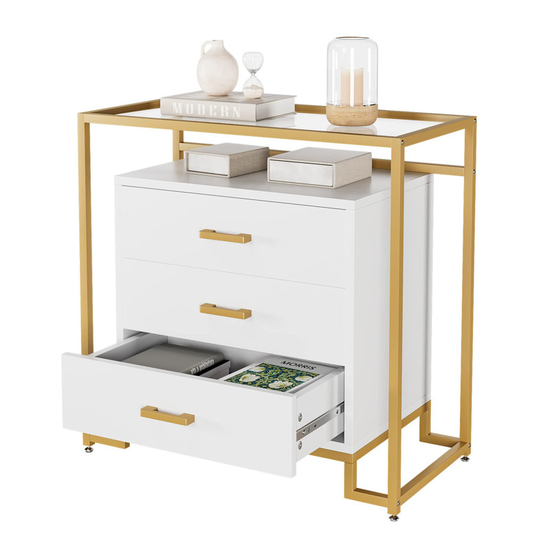 Commode 3 tiroirs Roski, Blanc / Doré
