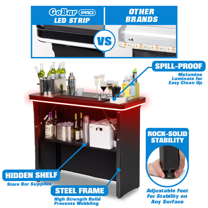 GoBar PRO LED Commercial Grade Portable Bar Table with Multi-Color Lights - 47.5 x 19 x 38 IN