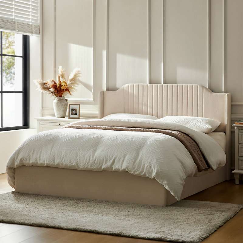 Lizette 80.5" Hydraulic Lift Up Storage Upholstered Platform Bed with Wingback Headboard, Beige