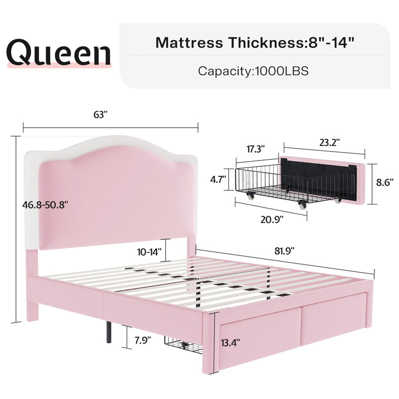 Chaille LED Bed Frames with Storage Drawer, Upholstered Platform Bed with Adjustable Headboard, Queen, Pink