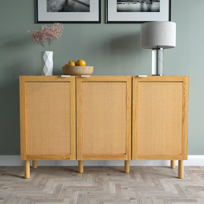 Brown Synthetic Rattan 3-Door Sideboard with Black Top