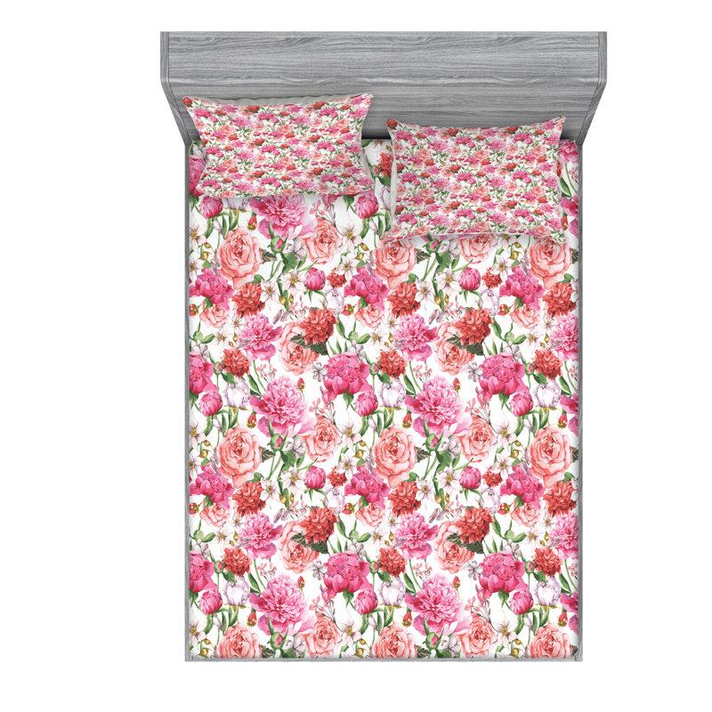 Microfiber Floral Sheet Set, Queen Sheet Set + Fitted Sheet + 2 Pillowcases, Gray/White Floral