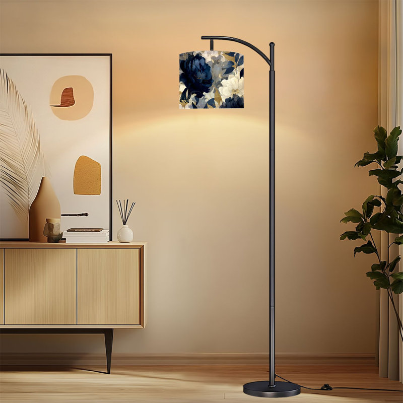 Lampe sur pied à arc avec télécommande Élégante aquarelle botanique pivoines bleu marine Lampe dorée sur pied 3 lumières à intensité variable avec interrupteur au pied pour coin lecture