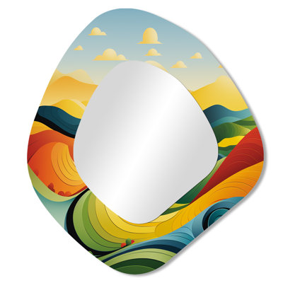 Callender minimaliste multicolore au trait, paysage III - miroir mural de forme unique Meadow, miroir décoratif asymétrique vert, impression sur métal