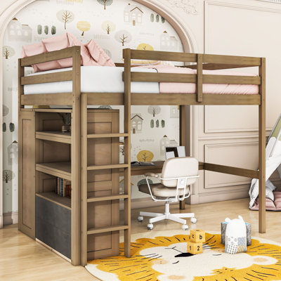 Kenessa Full Two Drawers Wood Loft Bed With Built-In Wardrobe, Desk And Shelves
