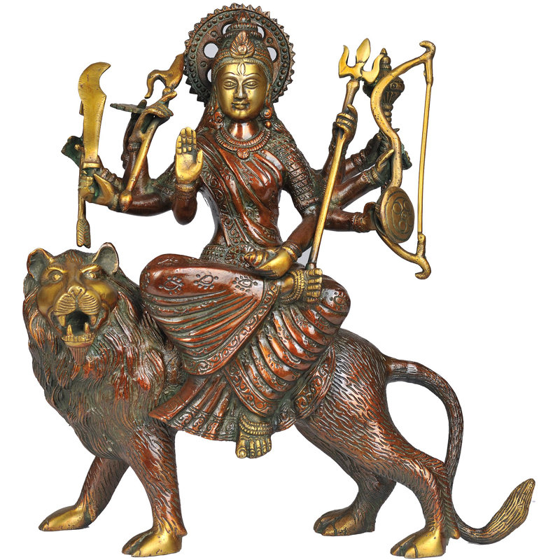 Figurine mère déesse Durga assise sur son lion, Double Chola