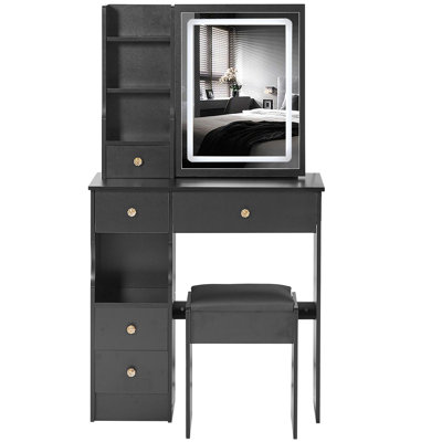 Petit meuble-lavabo de 29,2 po avec tabouret de bureau et tabouret rembourré à gauche 29,5 po, grande commande tactile, interrupteur tricolore, miroir à luminosité réglable, rangement à grande capacité, convient aux petits espaces