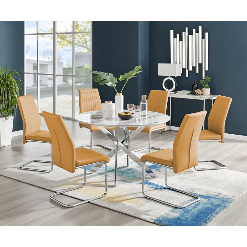 Tierra Modern Chrome Metal & Glass Round Dining Table Set with 6 Upholstered Faux Leather Chairs