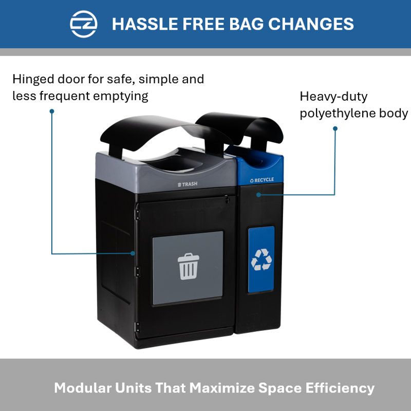 Centre de recyclage et poubelle à 2 jets Avante de zone commerciale, poubelle de 55 gallons et unités de recyclage de 30 gallons avec couvercles d'auvent, doublures incluses