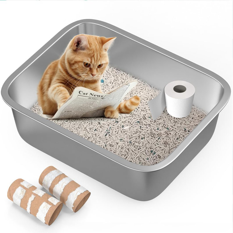 Large Stainless Steel Litter Box For Cats Is A Premium Odor, Rust & Stain Free, Non Stick Metal Cat Litter Pan With Smooth Corners, Easy Cleaning, 4 Non-Slip Rubber Pads (17.5"X13.5"X6")