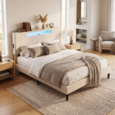 King Upholstered Bed Frame with LED Lights & Charging Station, High Headboard with Storage Shelves – Smart Platform Bed with USB-C, 800 lbs Capacity