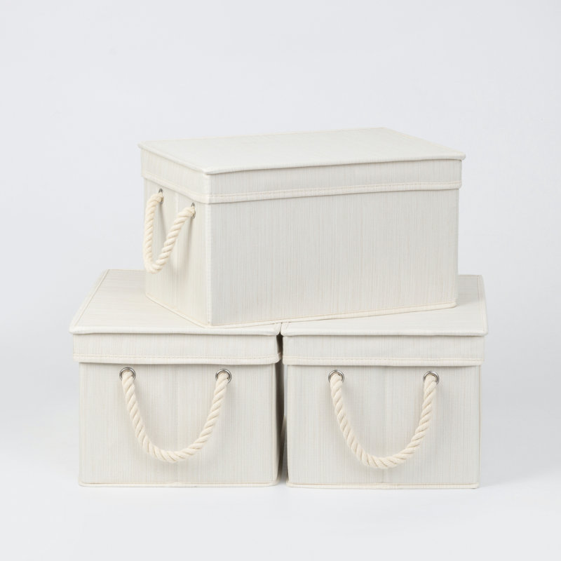 3 Piece Fabric Box Set with Lids and Handles, White, 8.6" H x 10.8" W x 15.2" D