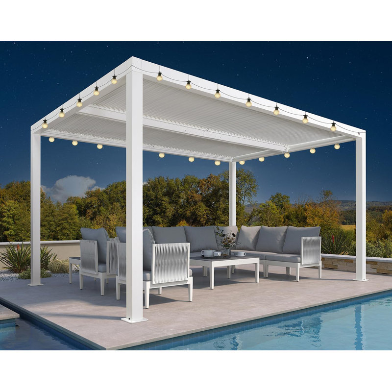 14 pi. L 10 pi. D Pergola en aluminium avec guirlandes de lumières de 48 pi