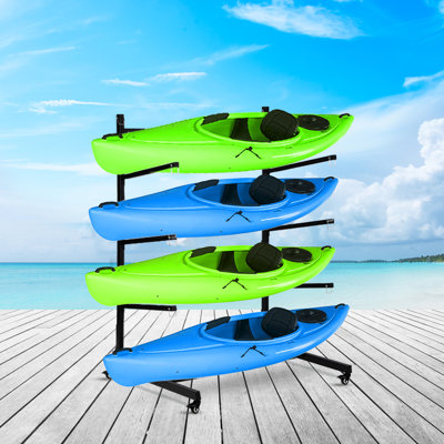Freestanding Kayak Storage Rack with Wheels, Heavy-Duty 3-Tier Stand for Kayak, Canoe, SUP, Surfboard, Paddleboard – Garage and Outdoor Storage