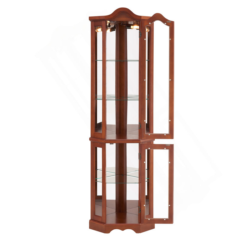 Vitrine de coin avec lumières, tablettes réglables en verre trempé, dos en miroir, vitrine, noyer (ampoule E26 non incluse)