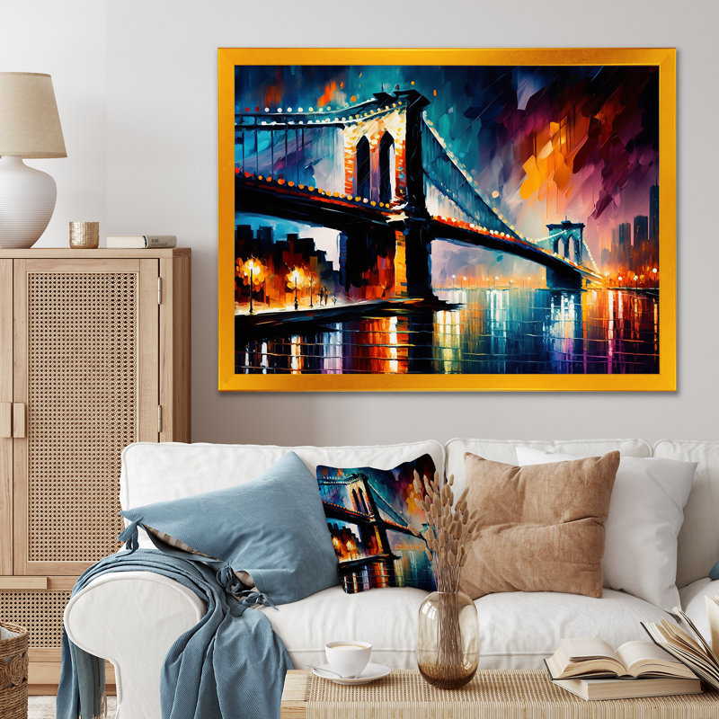 «Colorful Brooklyn Bridge - City», reproduction sur toile encadrée, Cadre doré, H 34 po x l 44 po x P 1,5 po