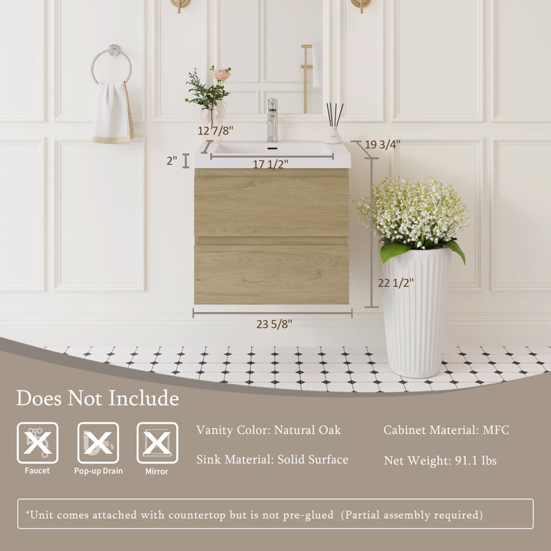 Meuble-lavabo mural 24 po avec lavabo, meuble-lavabo mural moderne avec lavabo à surface solide et tiroirs à fermeture en douceur