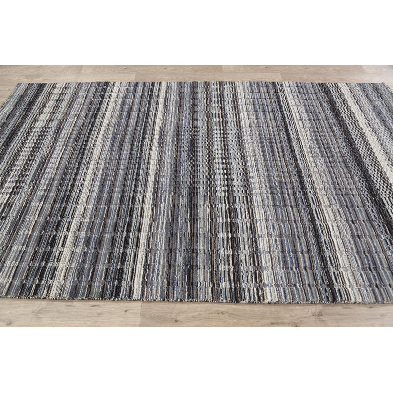 Tapis décoratif en laine de style marocain noir/gris de conception unique 4 pi 10 po x 7 pi 11 po noué à la main New Age