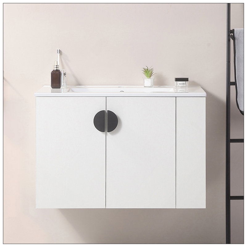 Ensemble de meuble-lavabo de charme 30 po avec lavabo, ensemble de meuble-lavabo à deux portes avec tablette de rangement ouverte à droite, bois massif, sans les robinets