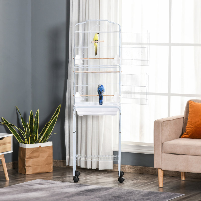 Ensemble de démarrage de cage à oiseaux 60 po en métal avec support roulant amovible, panier de rangement et accessoires, blanc