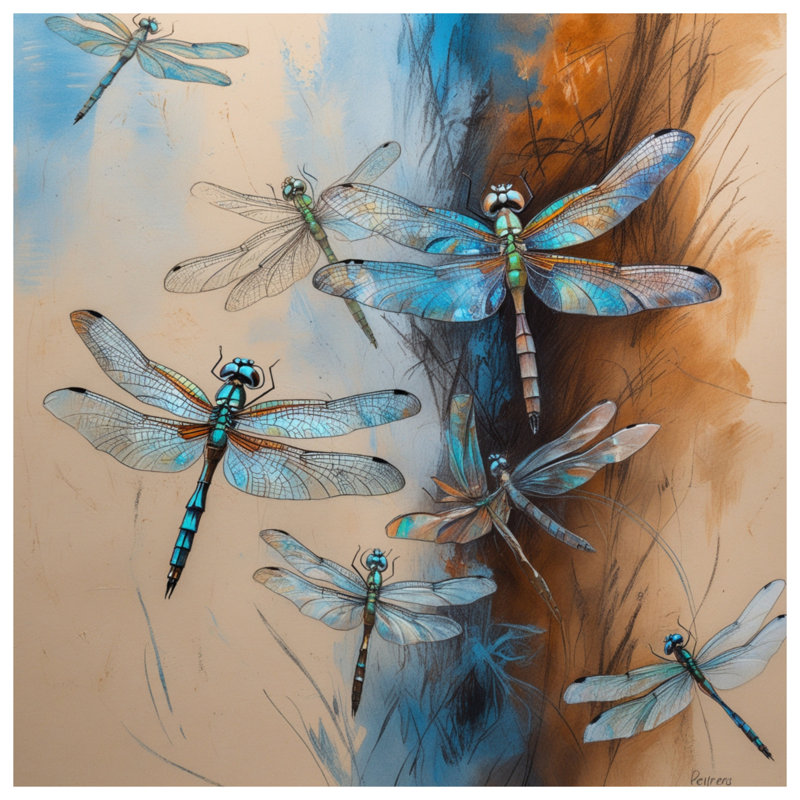 «Blue Dragonflies», toile tendue dans de nombreuses tailles, 32 po x 32 po