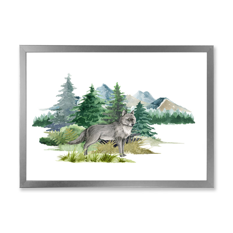 Loup dans un paysage de forêt - peinture sur toile, H 30 po x l 40 po, Cadre photo argenté