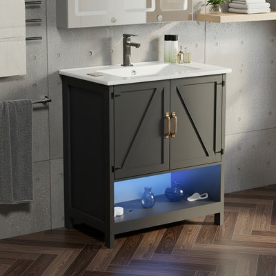 Ce meuble-lavabo moderne noir comprend un lavabo, un éclairage à DEL, deux portes d'armoire à fermeture en douceur et un rangement intégré. Il est sophistiqué, pratique et élégant.