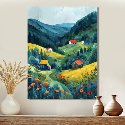 Orange Green Farmhouse Mountain Landscape - Landscape Mountains Wall Art