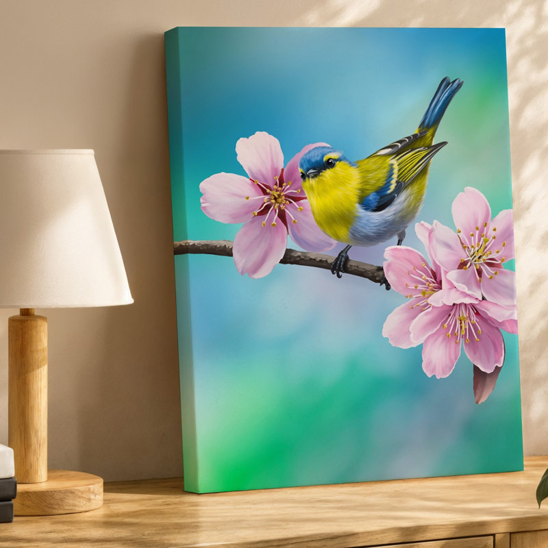 "Toile", un oiseau jaune et bleu vibrant perché délicatement sur un art mural, H 40 po x l 30 po