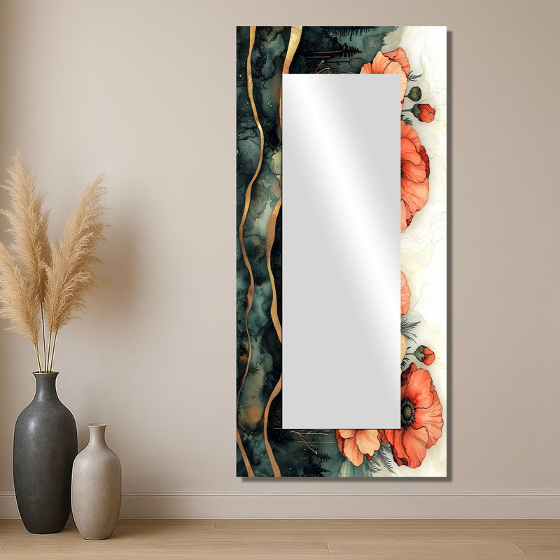 Coquelicots fleurs sur un dessus de pierres émeraude II - miroir décoratif traditionnel, 28" x 60"
