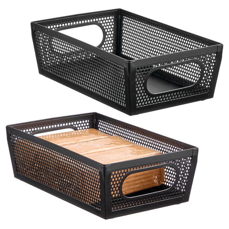 Perforated Metal Storage Bin with Handles for Kitchen and Pantry - Set of 2, Black