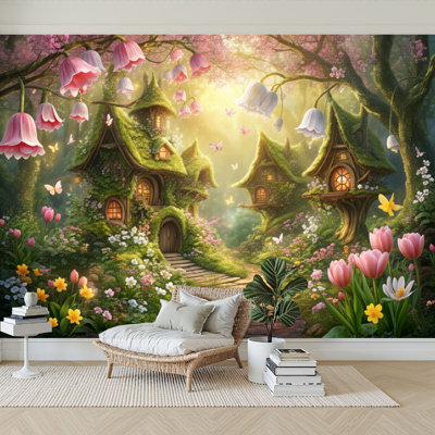 Papier peint adhésif auto-adhésif moderne l 144 po x H 100 po pour chambre à coucher Fairy Tale Forest Cottage Moss