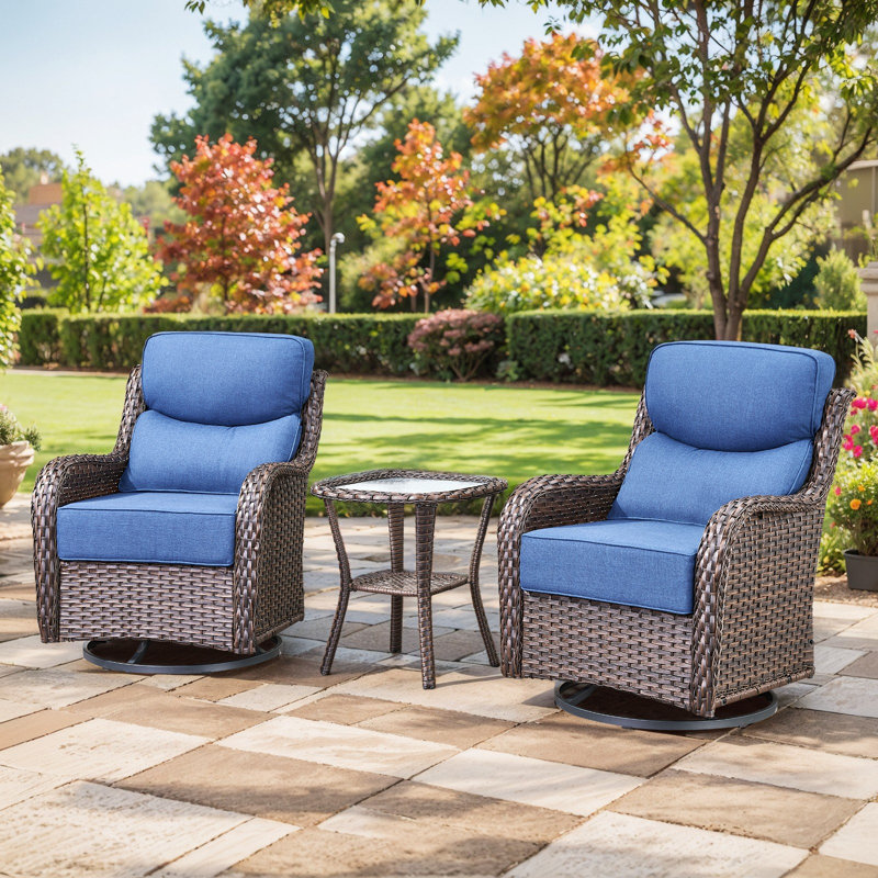 Wickes 3 Piece Patio Set Outdoor Wicker Glider Rocking And Swivel Chairs With Cushions, Blue, Brown