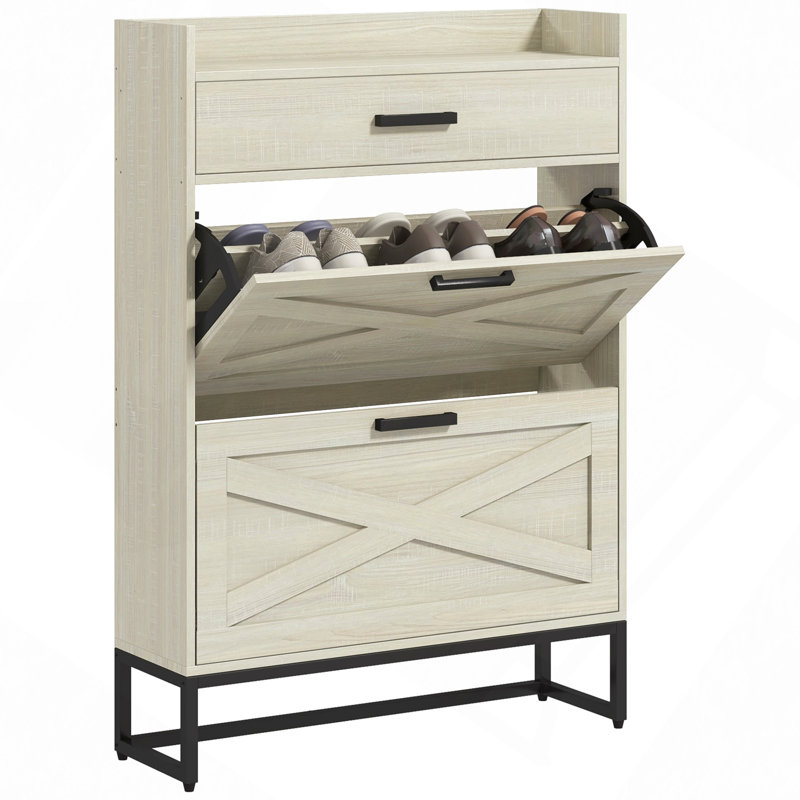 Shoe Storage, Narrow Shoe Cabinet, Industrial Shoe Storage Cabinet With 2 Flip Drawers, Adjustable Shelves, And Top Drawer, Entryway Hidden Shoe Storage For 12 Pairs Of Shoes