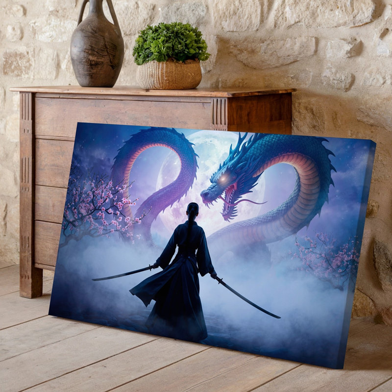 Toile «A Lone Warrior Stands With His Back to the Viewer», art mural saisissant un katana contre une toile de fond dramatique avec une toile murale colossale