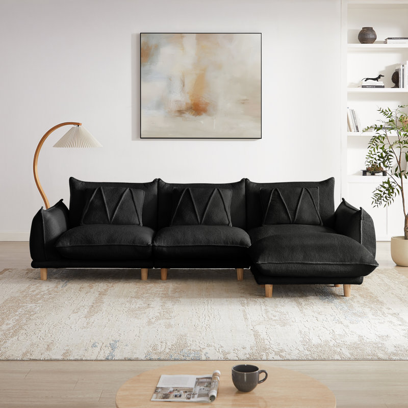 125-Inch Modern Style Teddy Velvet Sofa with Ottoman Includes 3 Featured Pillows, Black
