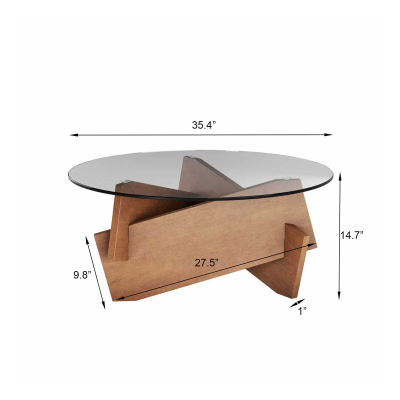 Table basse 35,4 po Mid-Century moderne avec plateau en verre et base en placage de noyer