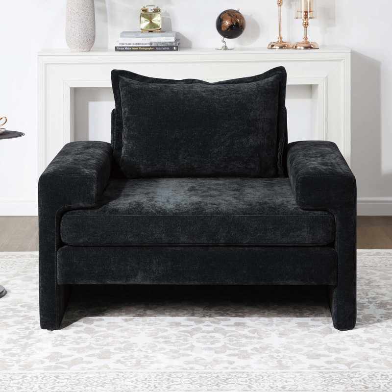 Fauteuil rembourré en chenille avec larges accoudoirs et dossier ergonomique, Noir