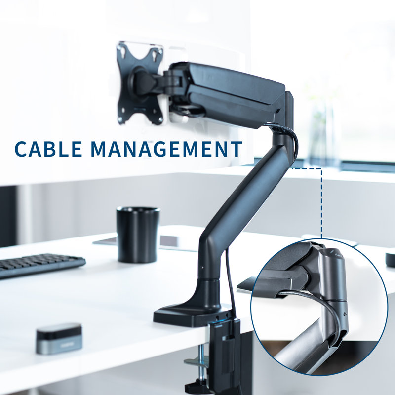 Black Aluminum Single Ultrawide Monitor Desk Mount with Pneumatic Arm