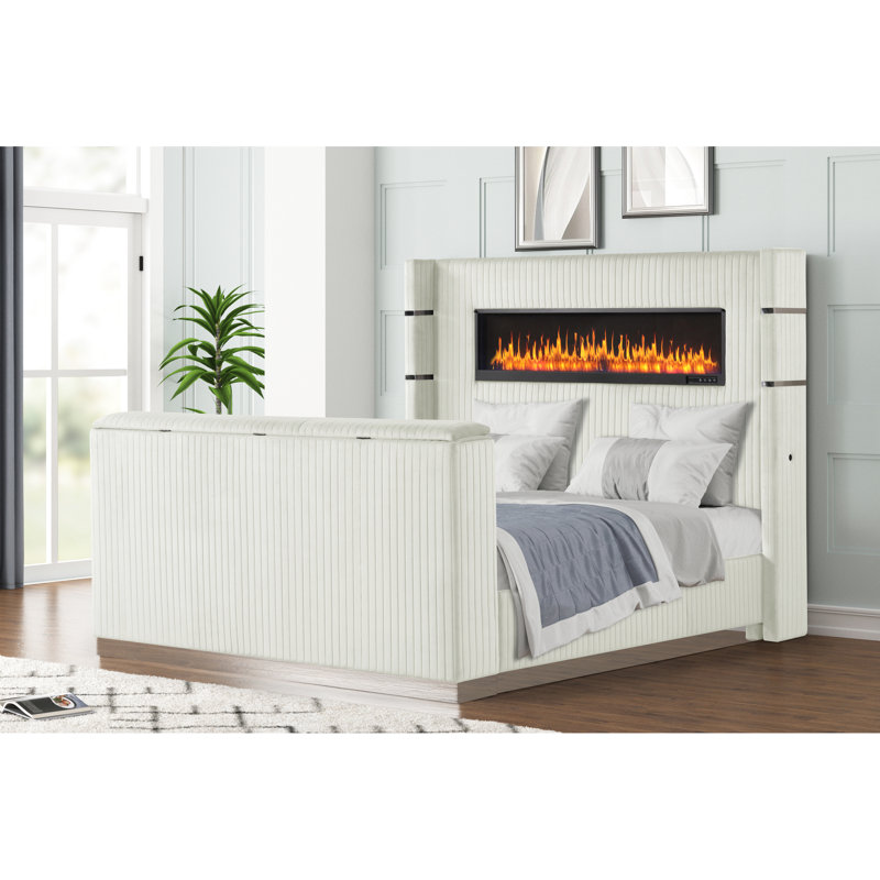 Lit rembourré beige moderne avec foyer et meuble télé, structure en bois pour grand lit 43 po - Fabrication solide